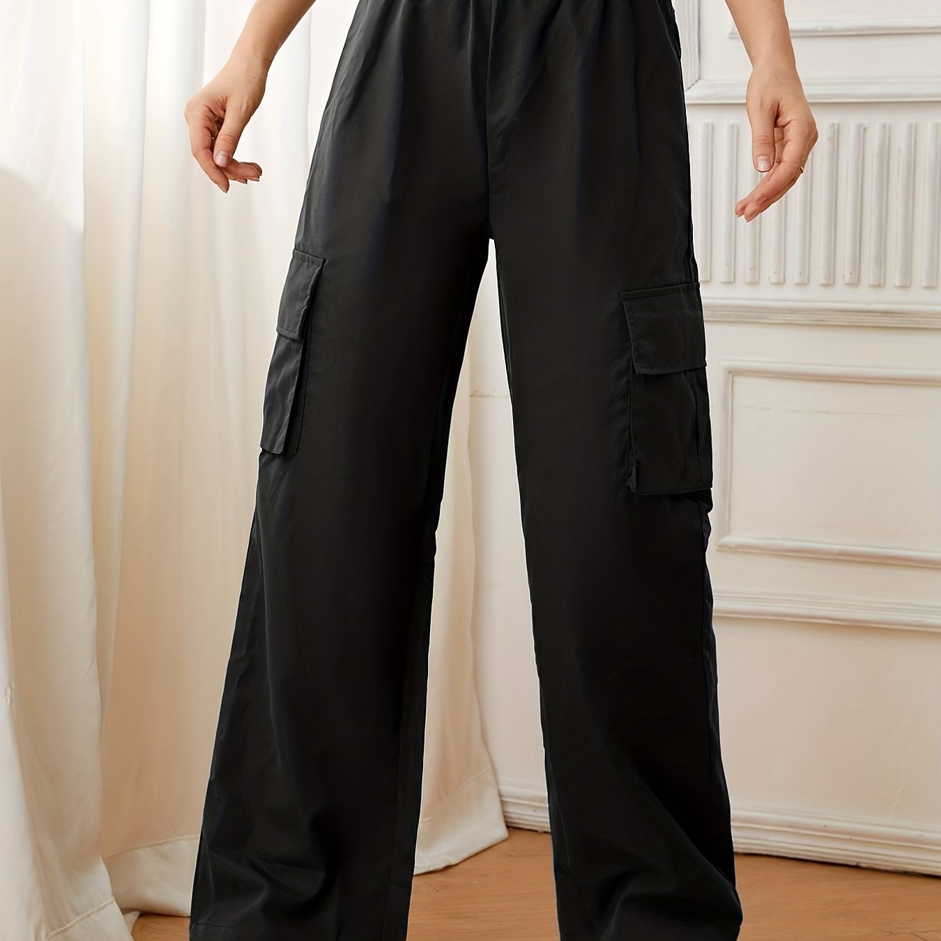Flap Pockets Straight Leg Cargo Pants, Casual High Waist Pants, Women's Clothing
