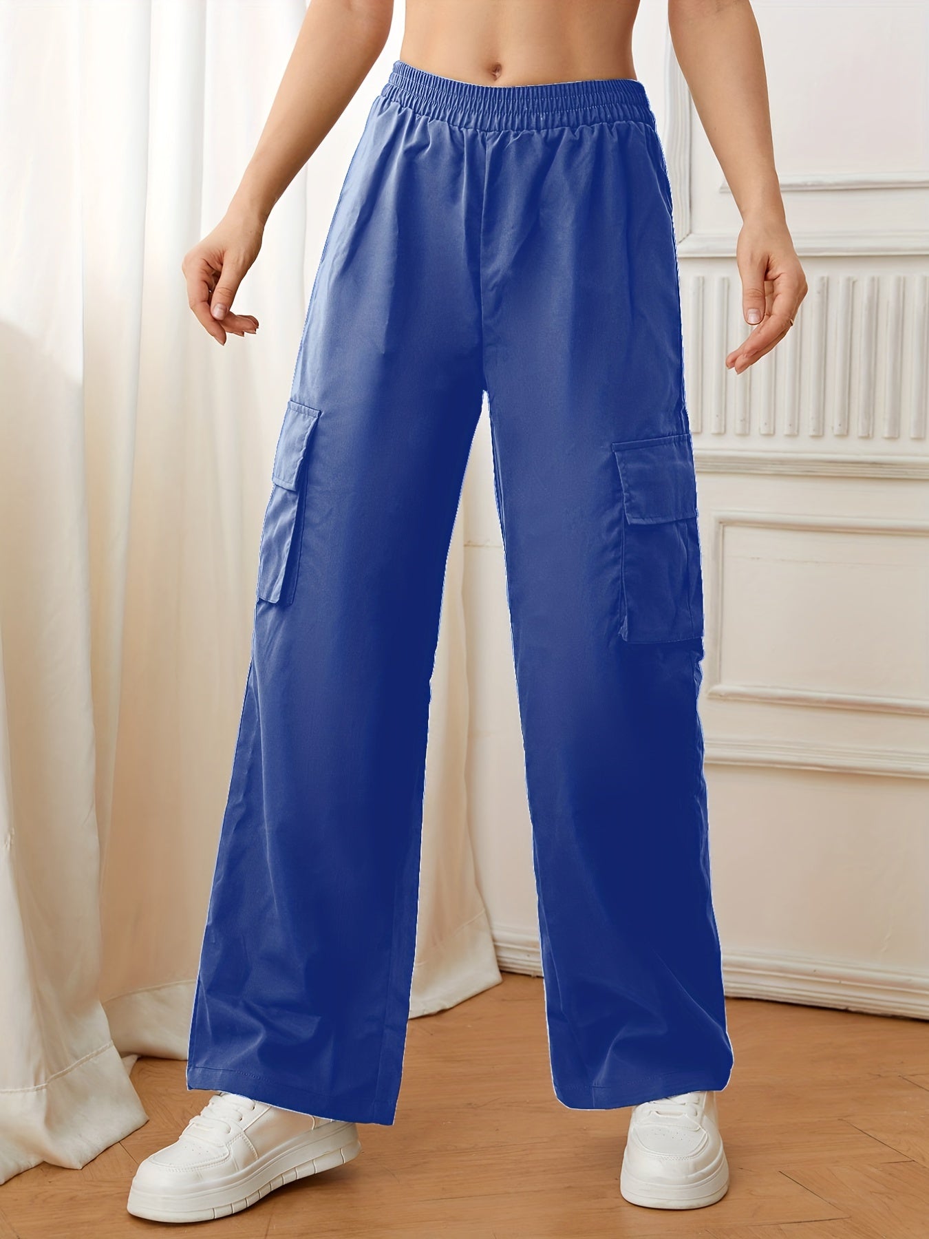 Flap Pockets Straight Leg Cargo Pants, Casual High Waist Pants, Women's Clothing