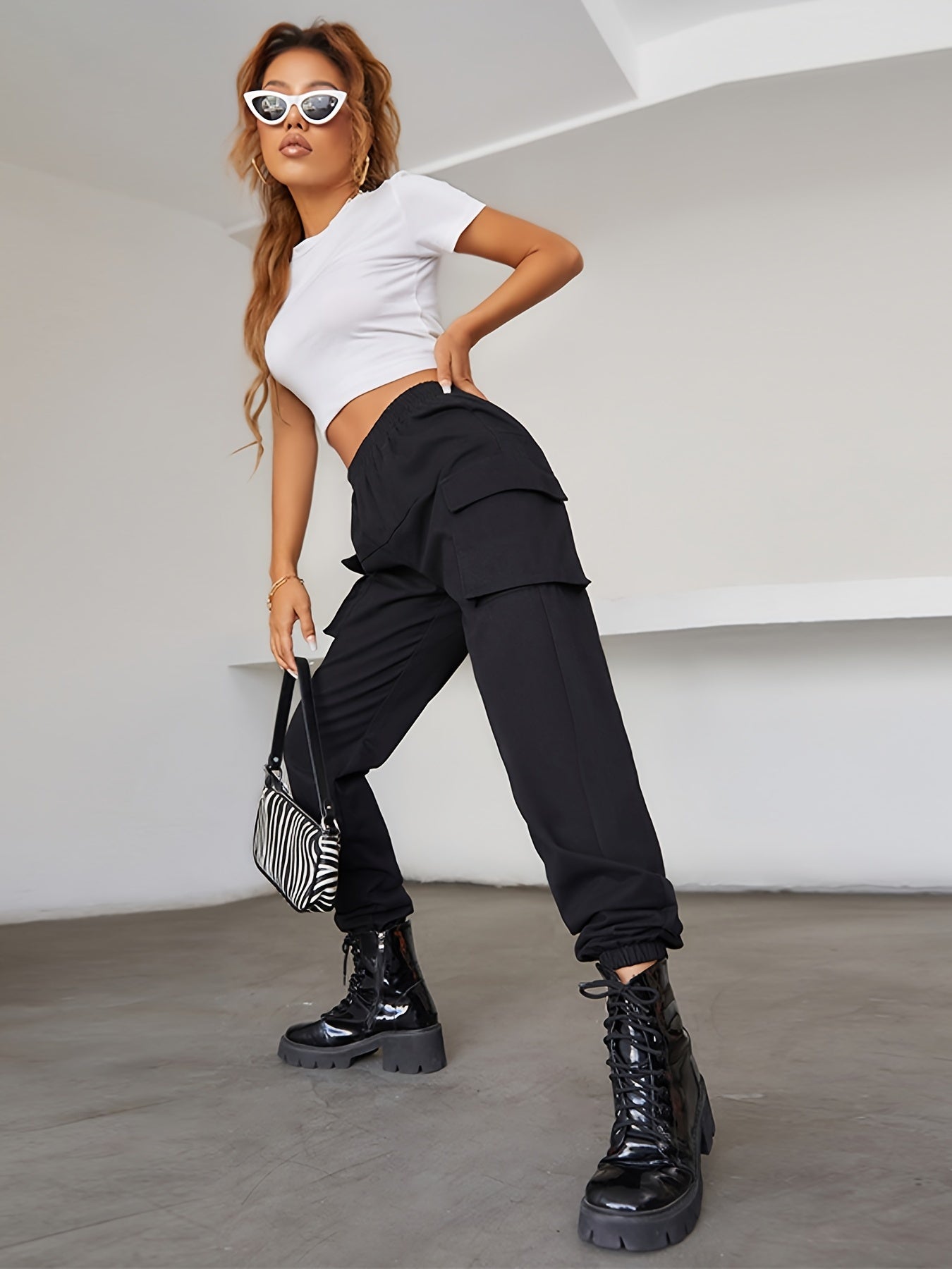 Y2K Jogger Cargo Pants, Streetwear Gothic Casual Baggy Pants For Spring & Fall, Women's Clothing