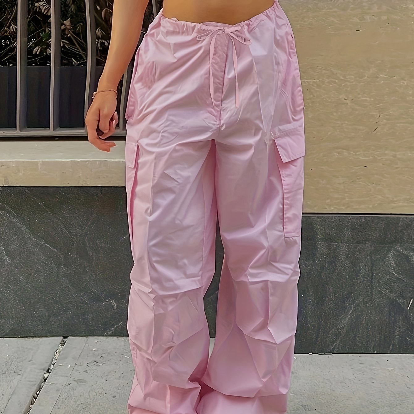 Y2K Loose Drawstring Cargo Pants, Casual Pocket High Waist Solid Wide Leg Fashion Comfy Pants, Women's Clothing