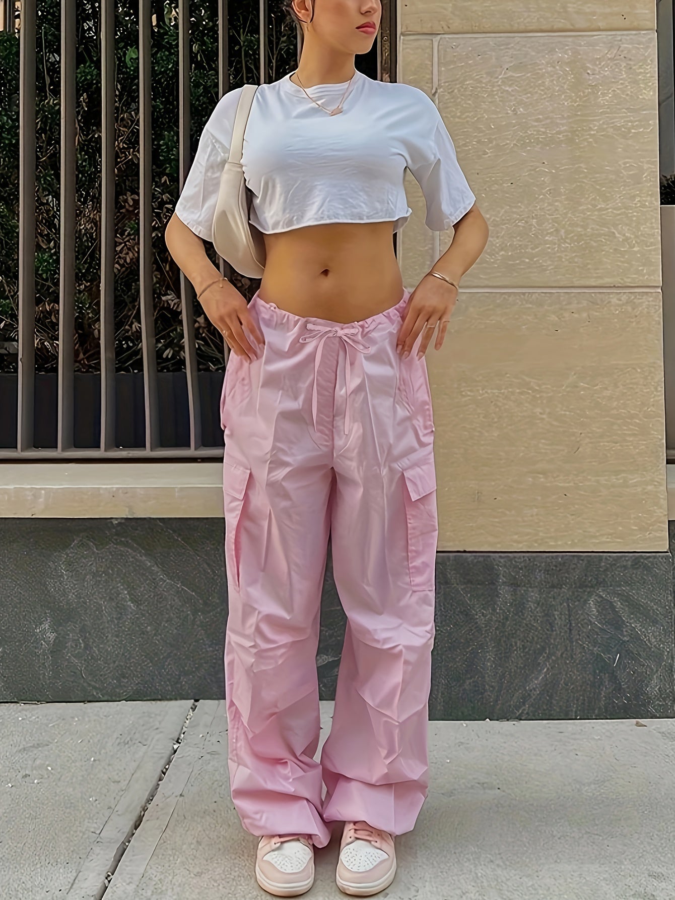 Y2K Loose Drawstring Cargo Pants, Casual Pocket High Waist Solid Wide Leg Fashion Comfy Pants, Women's Clothing