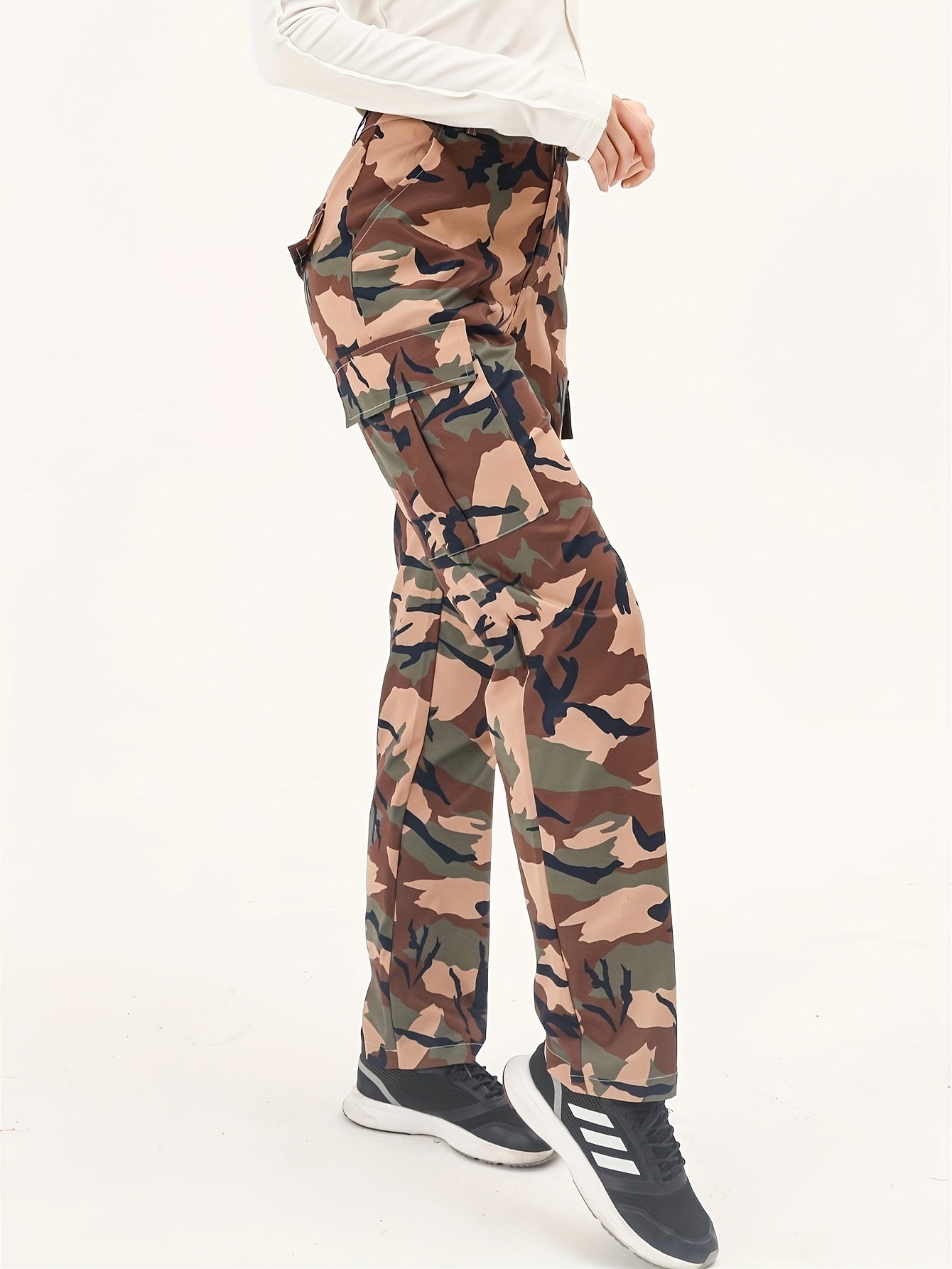 Camo Print Cargo Pants, Casual Long Length Versatile Pants With Pockets, Women's Clothing