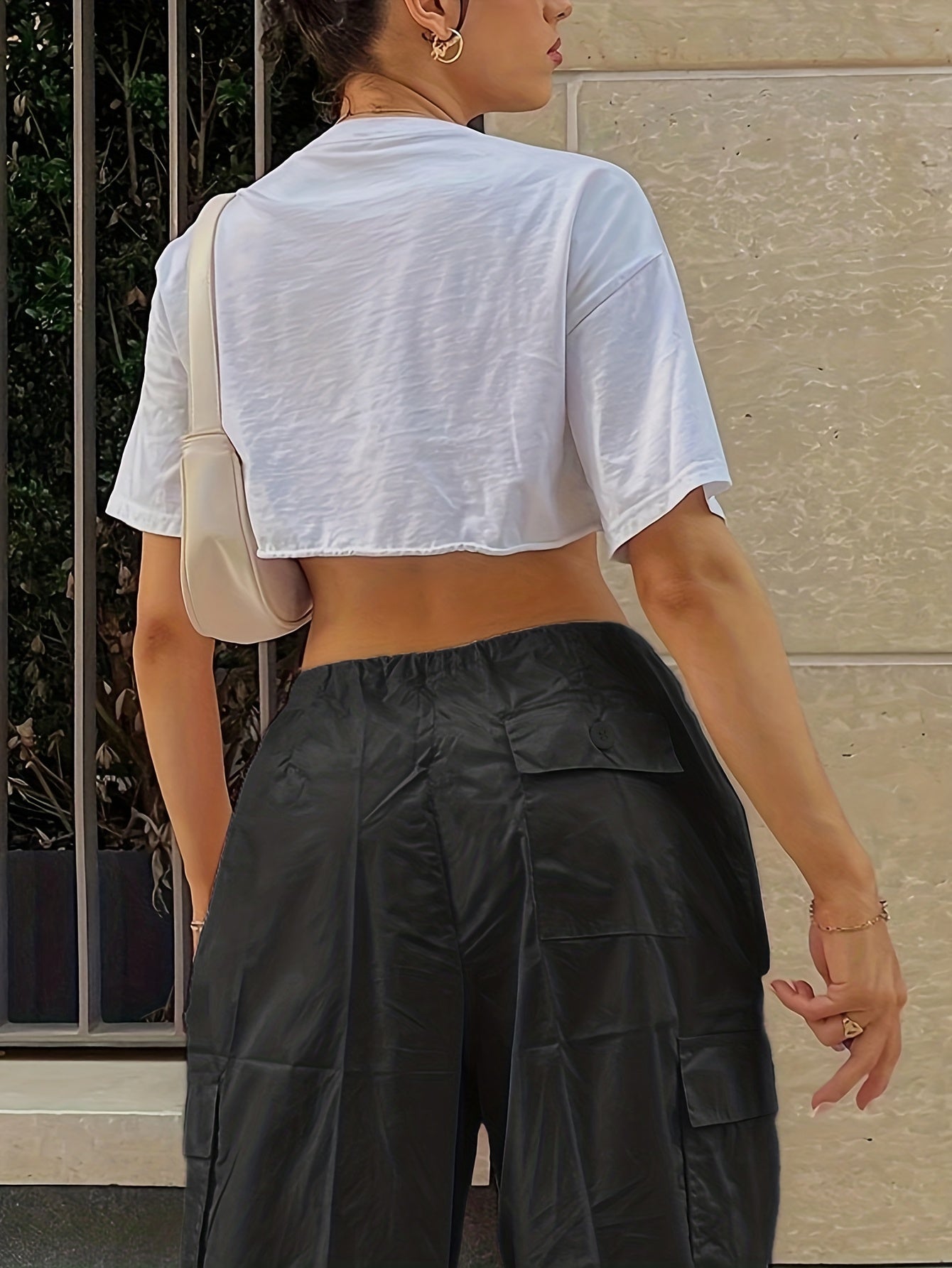 Y2K Loose Drawstring Cargo Pants, Casual Pocket High Waist Solid Wide Leg Fashion Comfy Pants, Women's Clothing