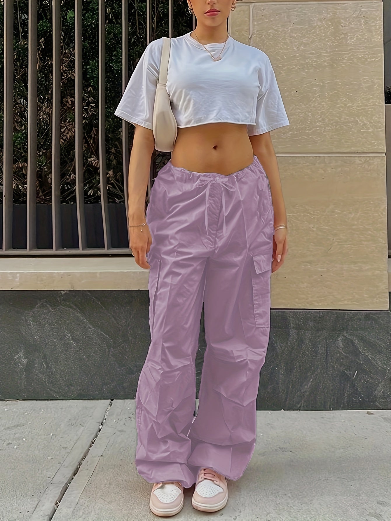 Y2K Loose Drawstring Cargo Pants, Casual Pocket High Waist Solid Wide Leg Fashion Comfy Pants, Women's Clothing
