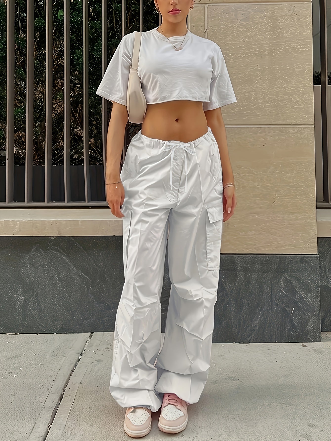 Y2K Loose Drawstring Cargo Pants, Casual Pocket High Waist Solid Wide Leg Fashion Comfy Pants, Women's Clothing