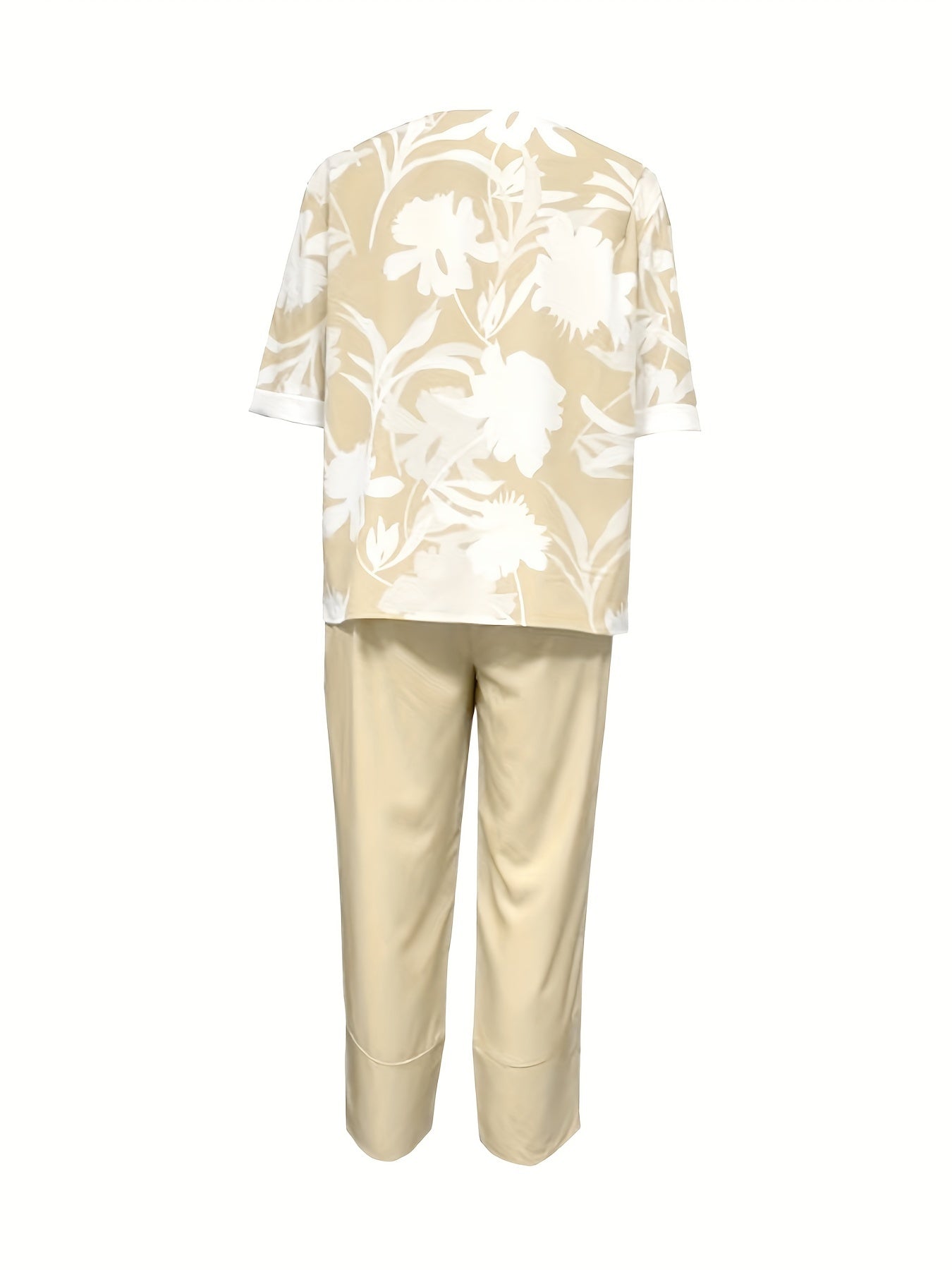 two-piece Women's Plant Print Top and Elastic Waist Pants Outfit - Comfortable and Stylish