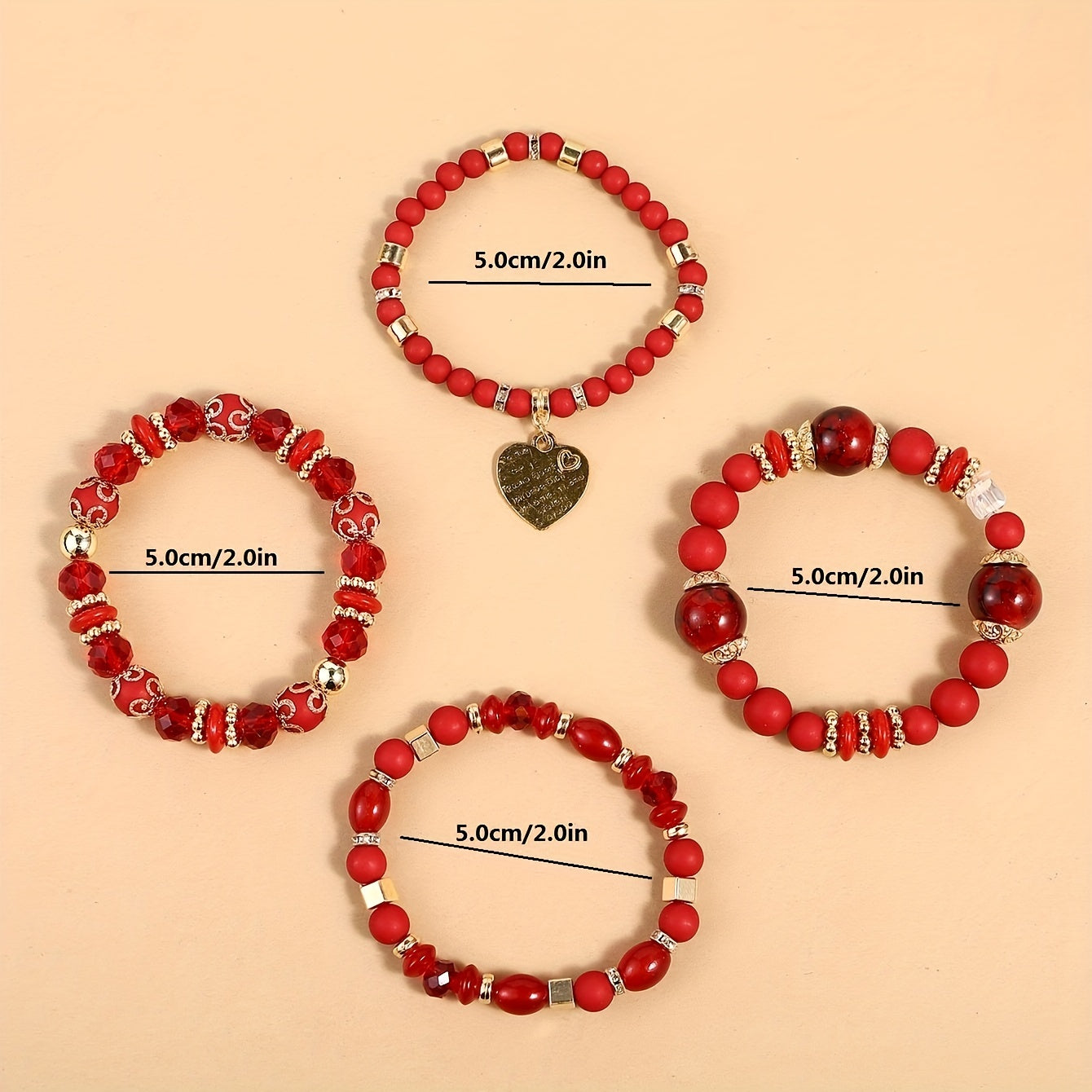 4pcs Heart Charm Beaded Bracelets - Unique Gift for Family, Friends, Boyfriends, Girlfriends, Perfect for Holiday, Birthday, Anniversary, and Romantic Occasions