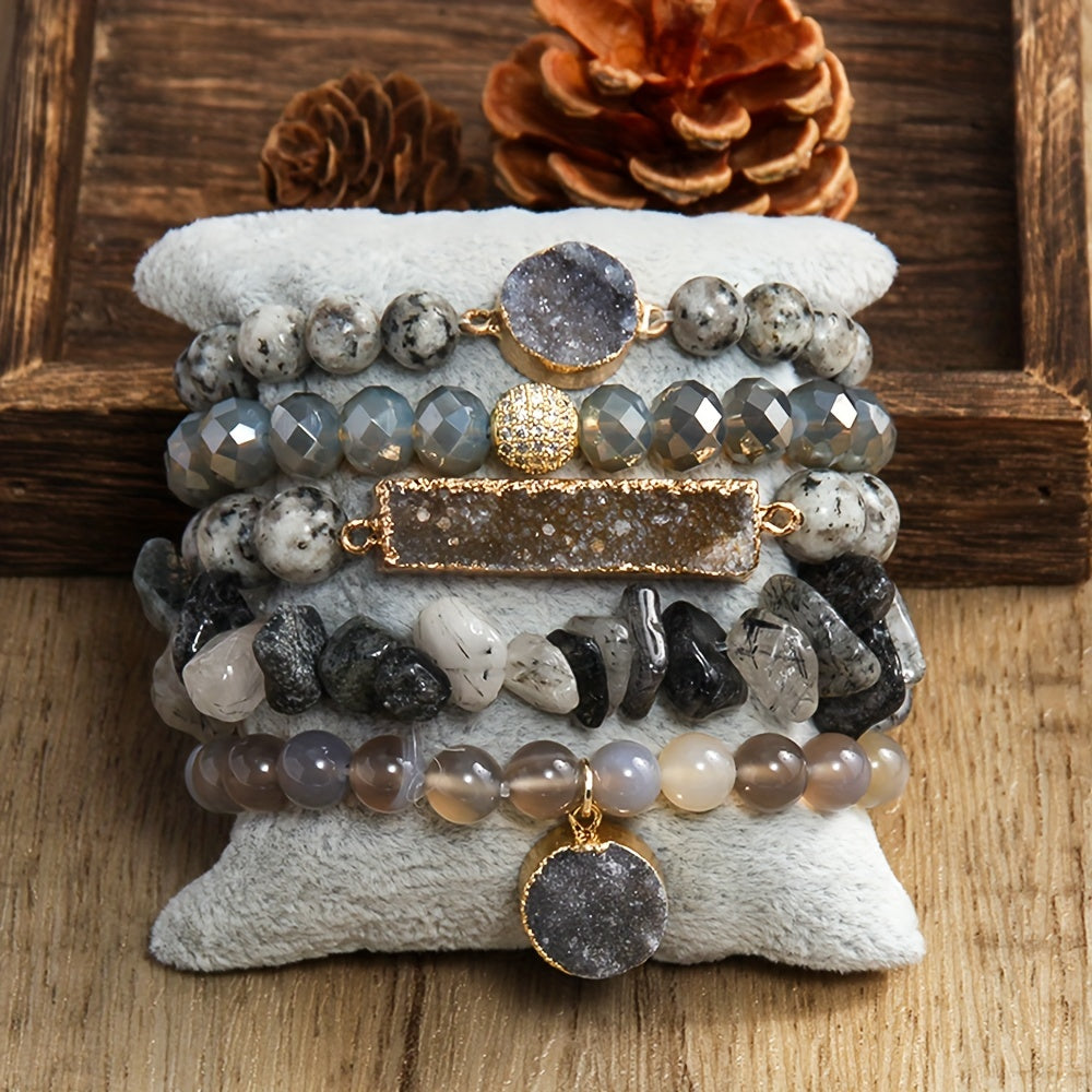 5pcs Bohemian Classic Beaded Bracelet Set, Natural Stone Druzy Gravel Glass, February Birthstone, Elastic Stackable Bracelets for Daily & Vacation Wear, Synthetic Zirconia Accents, All Seasons