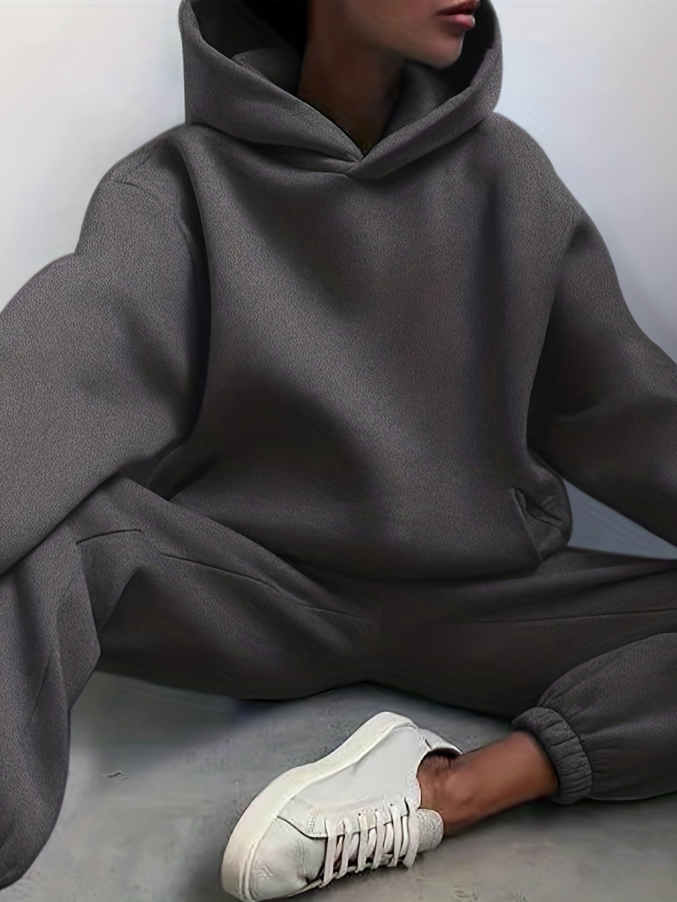 Two-Piece Hooded Set - Soft Polyester Knit Fabric, Drop Shoulder Long Sleeve Hoodie with Pocket, Elastic Waist Jogger Pants for Women, Casual Solid Color Outfit for Fall and Winter Seasons