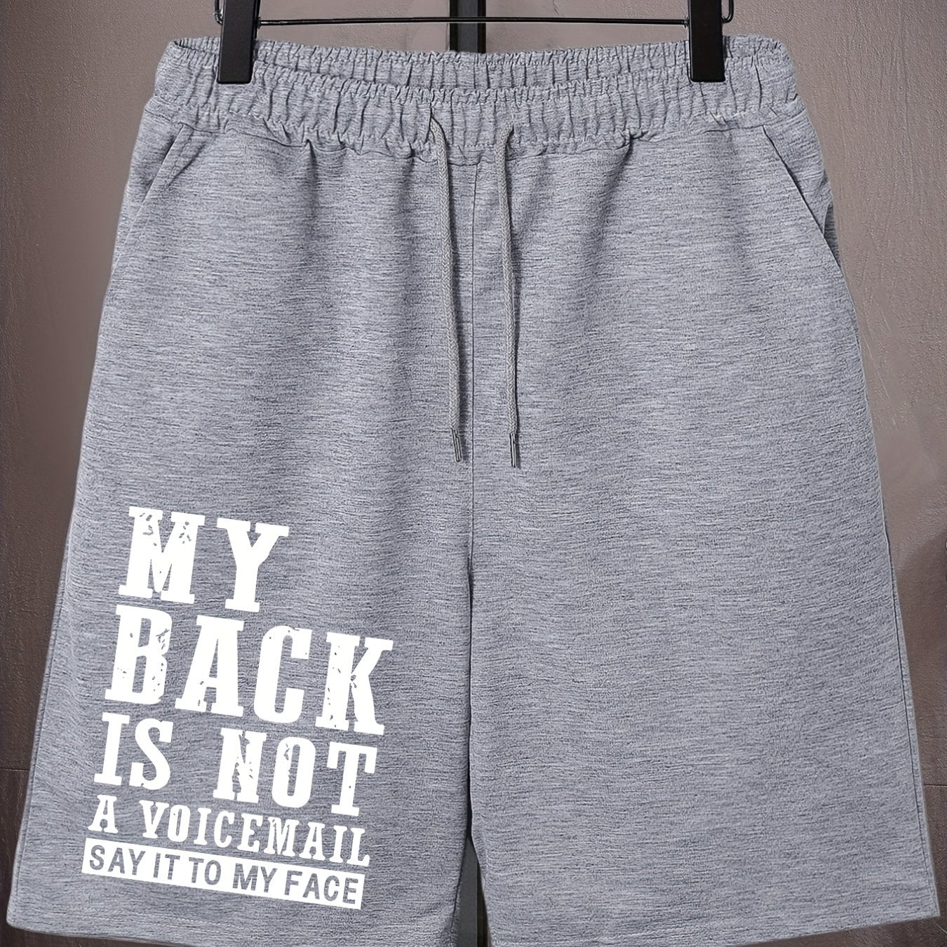 Men's Plus Size Drawstring Shorts - "MY BACK IS NOT A VOICEMAIL" Print, Oversized Black Sports Pants for Big and Tall, Elastic Waistband, Polyester, Casual Style for Spring/Summer, PLUS SIZE