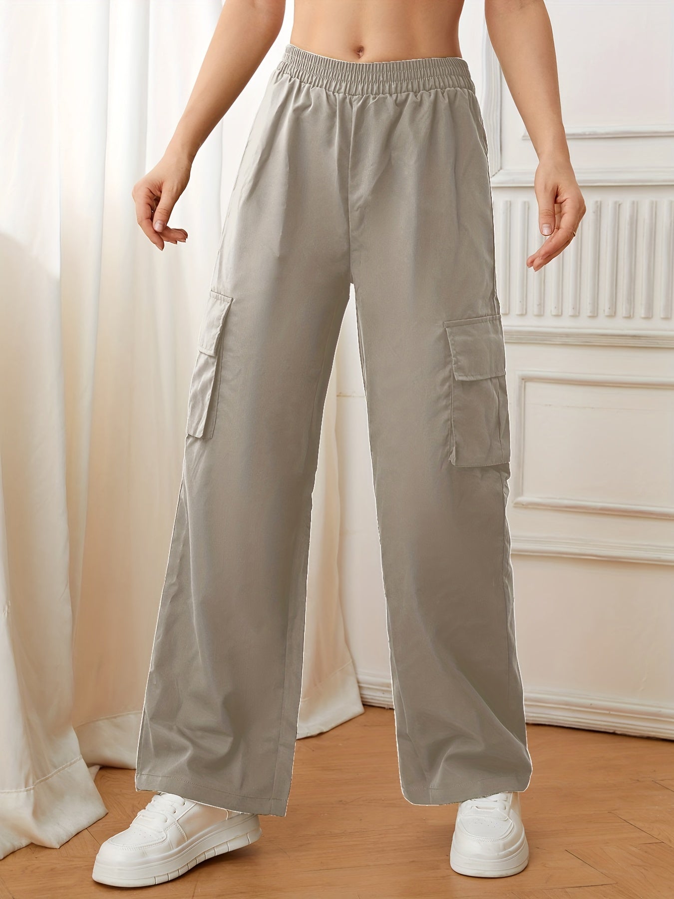 Flap Pockets Straight Leg Cargo Pants, Casual High Waist Pants, Women's Clothing