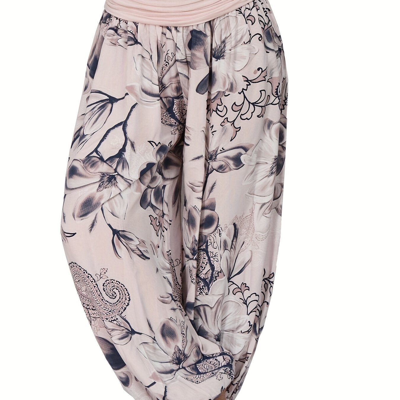 Boho Floral Print Ruched Harem Pants, Casual Bohemian Pants For Spring & Summer, Women's Clothing