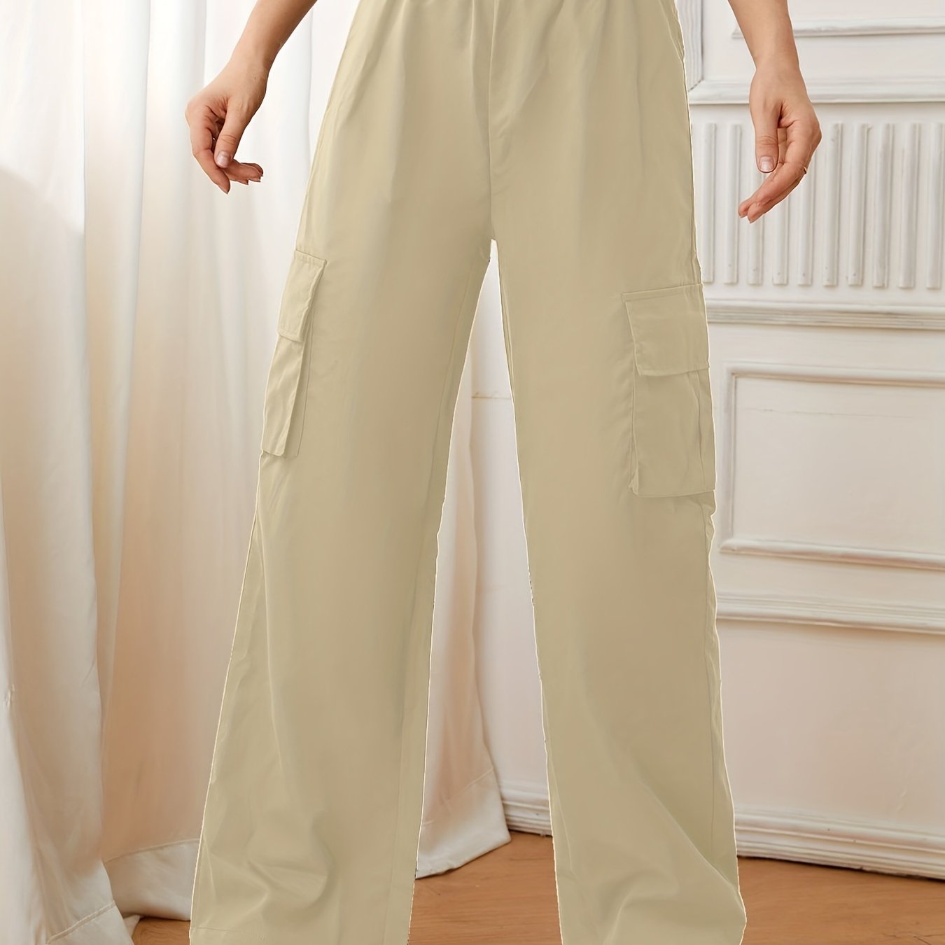Flap Pockets Straight Leg Cargo Pants, Casual High Waist Pants, Women's Clothing