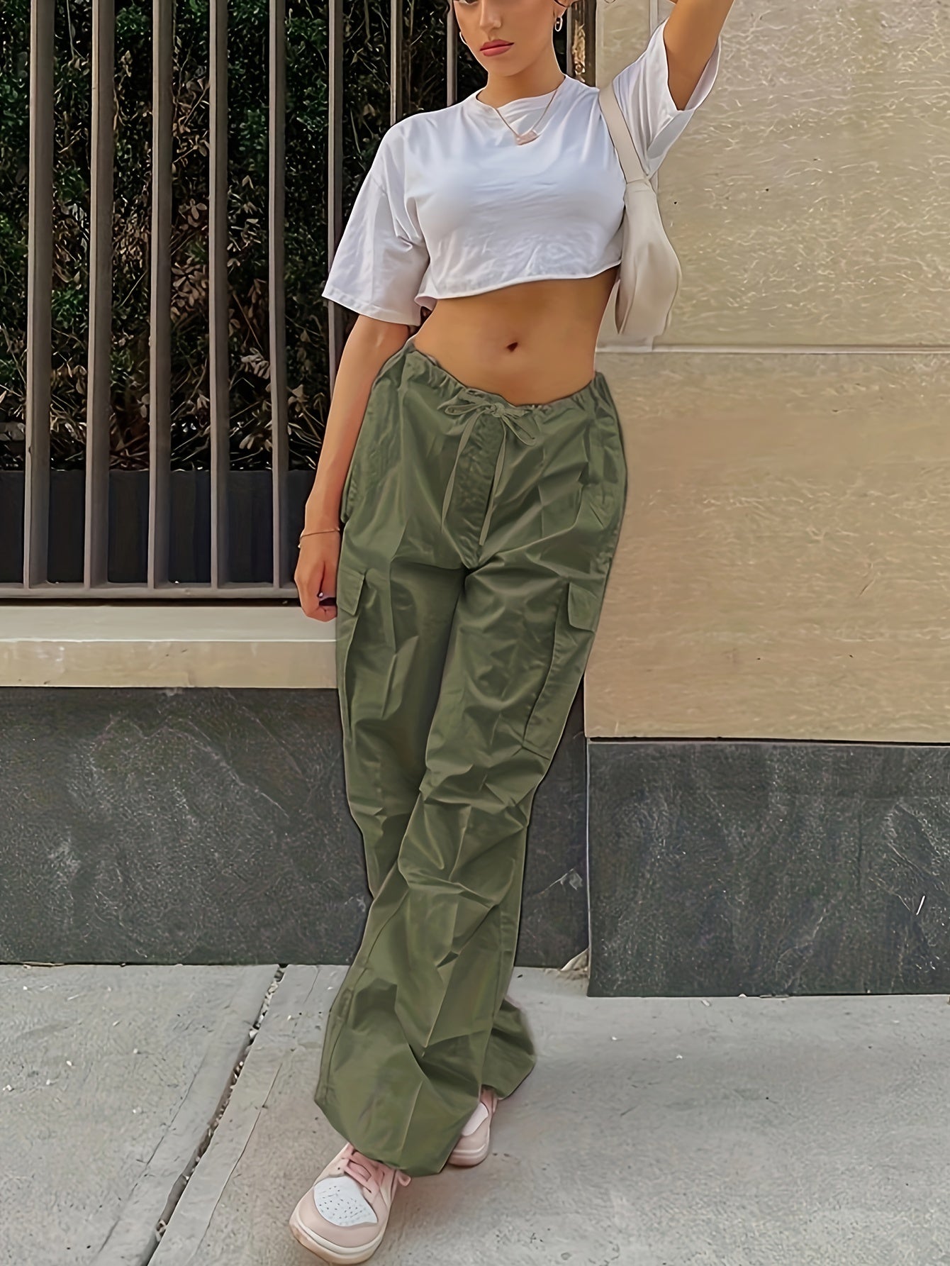 Y2K Loose Drawstring Cargo Pants, Casual Pocket High Waist Solid Wide Leg Fashion Comfy Pants, Women's Clothing