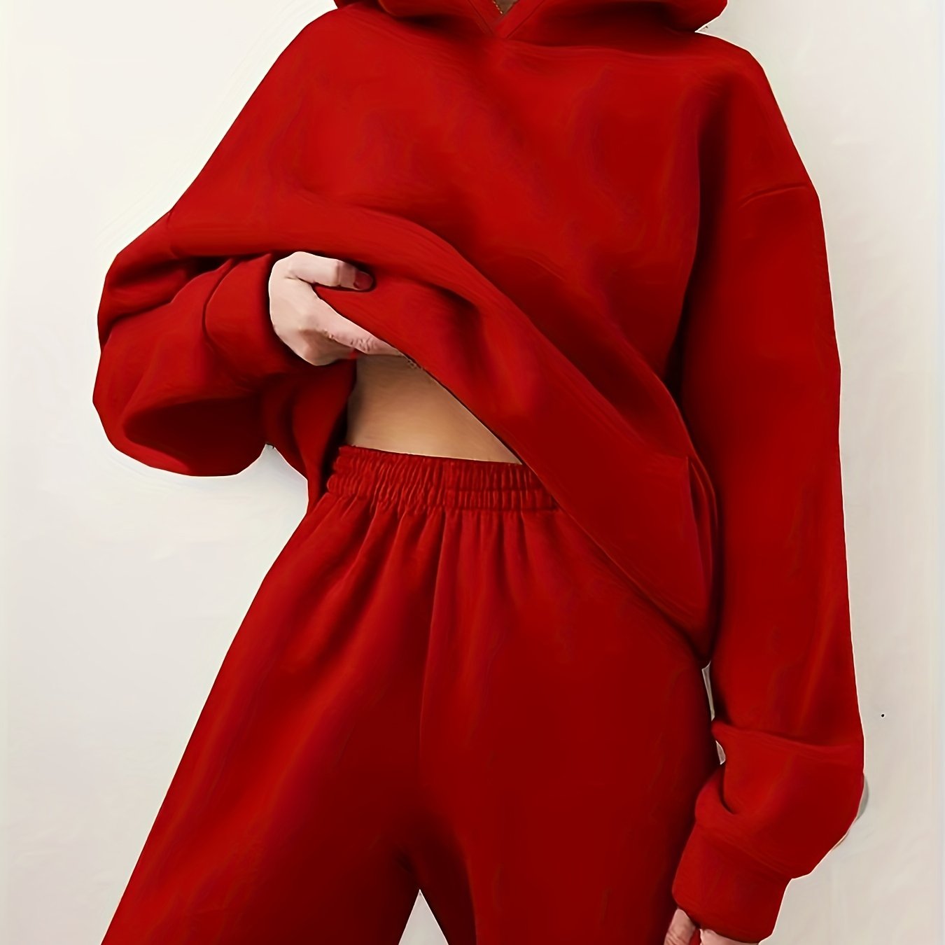 Casual Solid Two-piece Set, Kangaroo Pocket Hoodie & Elastic Waist Pants Outfits, Women's Clothing