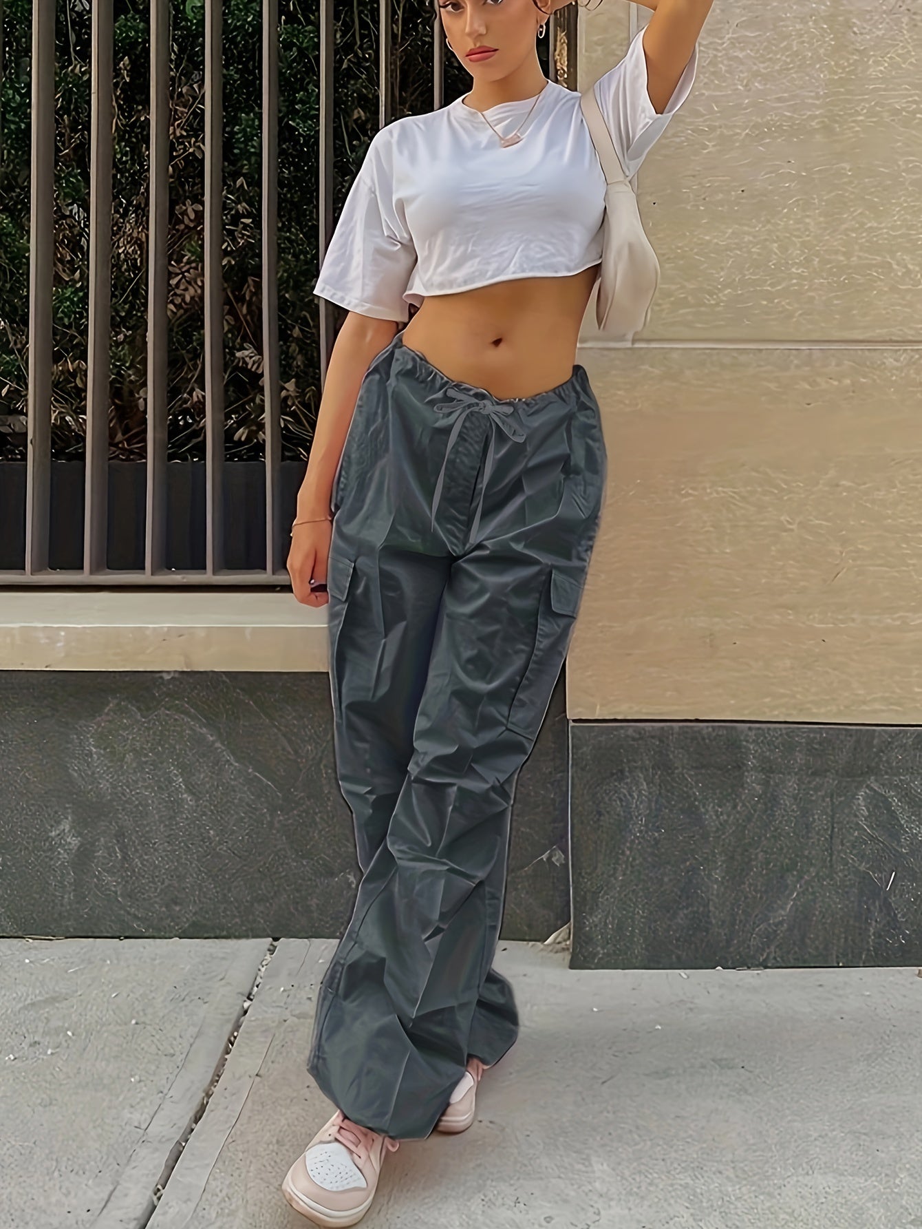 Y2K Loose Drawstring Cargo Pants, Casual Pocket High Waist Solid Wide Leg Fashion Comfy Pants, Women's Clothing