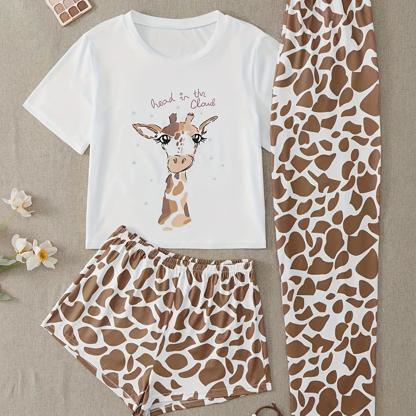 Giraffe Print Pajama Set - Short Sleeve Crew Neck Top & Leopard Shorts or Pants - Soft, Stylish Womens Sleepwear & Loungewear for Nighttime Chic and Casual Comfort