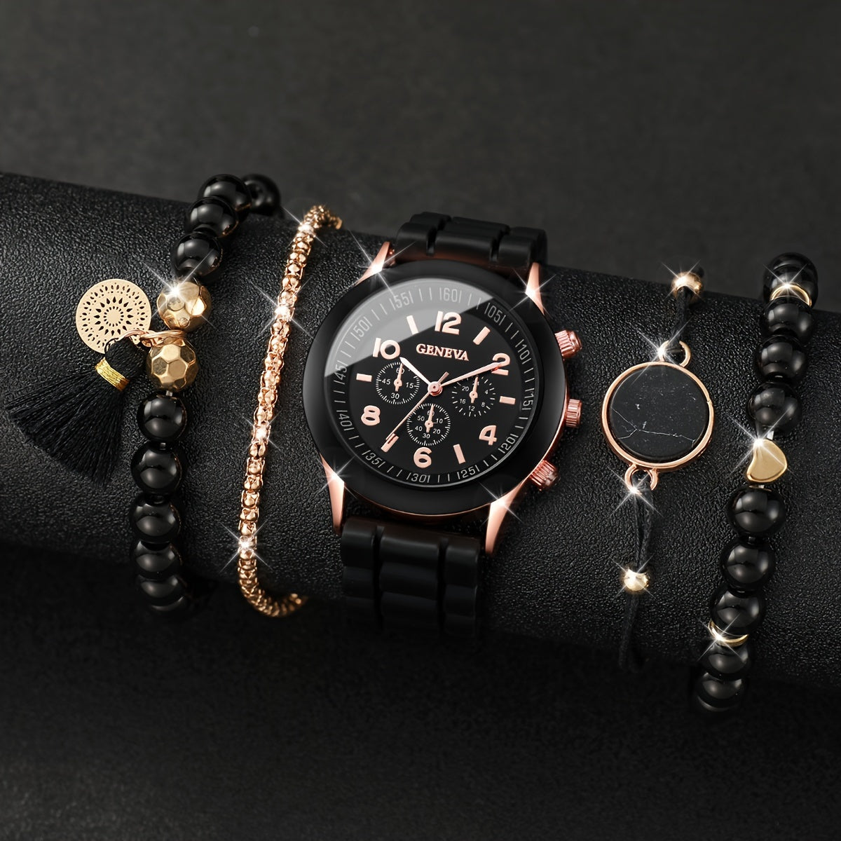 5pcs/set Women's Casual Fashion Quartz Watch Analog Silicone Band Wrist Watch & Bracelets, Gift For Mom Her