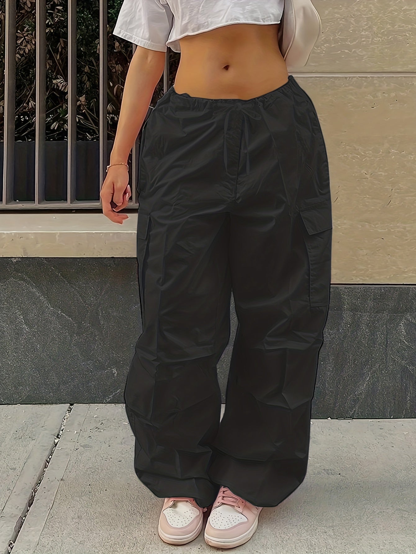 Y2K Loose Drawstring Cargo Pants, Casual Pocket High Waist Solid Wide Leg Fashion Comfy Pants, Women's Clothing
