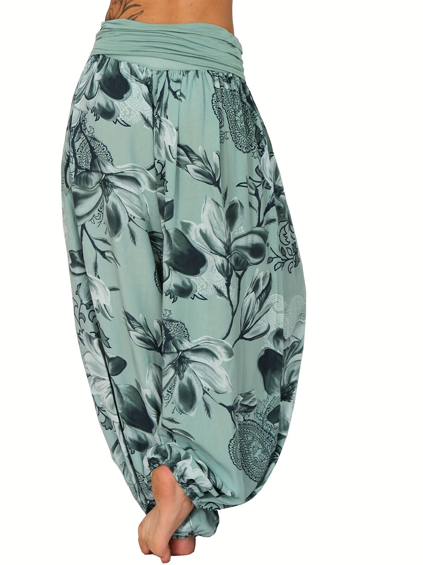 Women's Floral Print Harem Pants - Lightweight Polyester, Wide Leg, Casual Vacation Style, Blue and White Flowers, Relaxed Fit Pants|Vacation Style Pants|Machine Washable Fabric, Ladies Pants