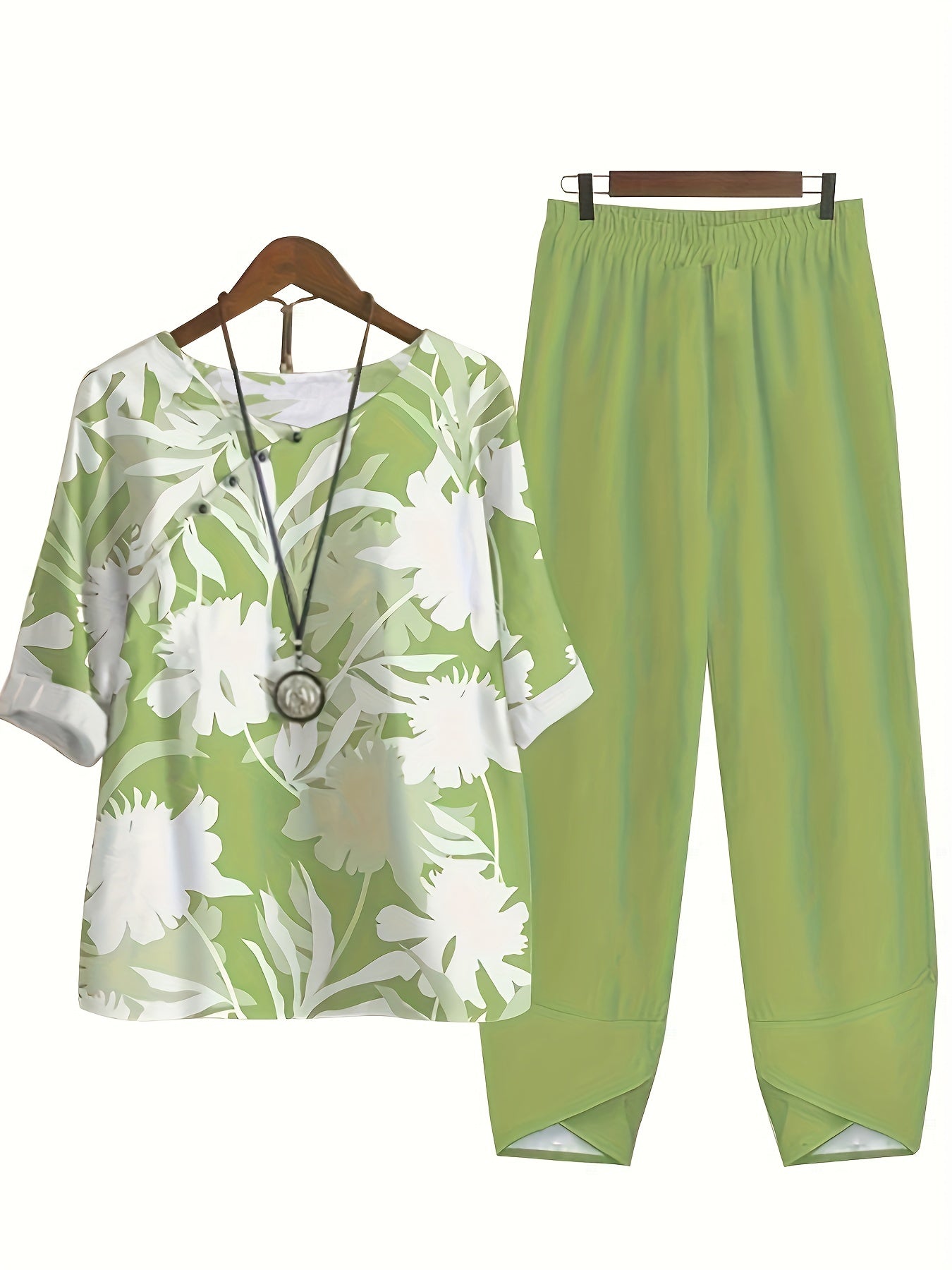 two-piece Women's Plant Print Top and Elastic Waist Pants Outfit - Comfortable and Stylish
