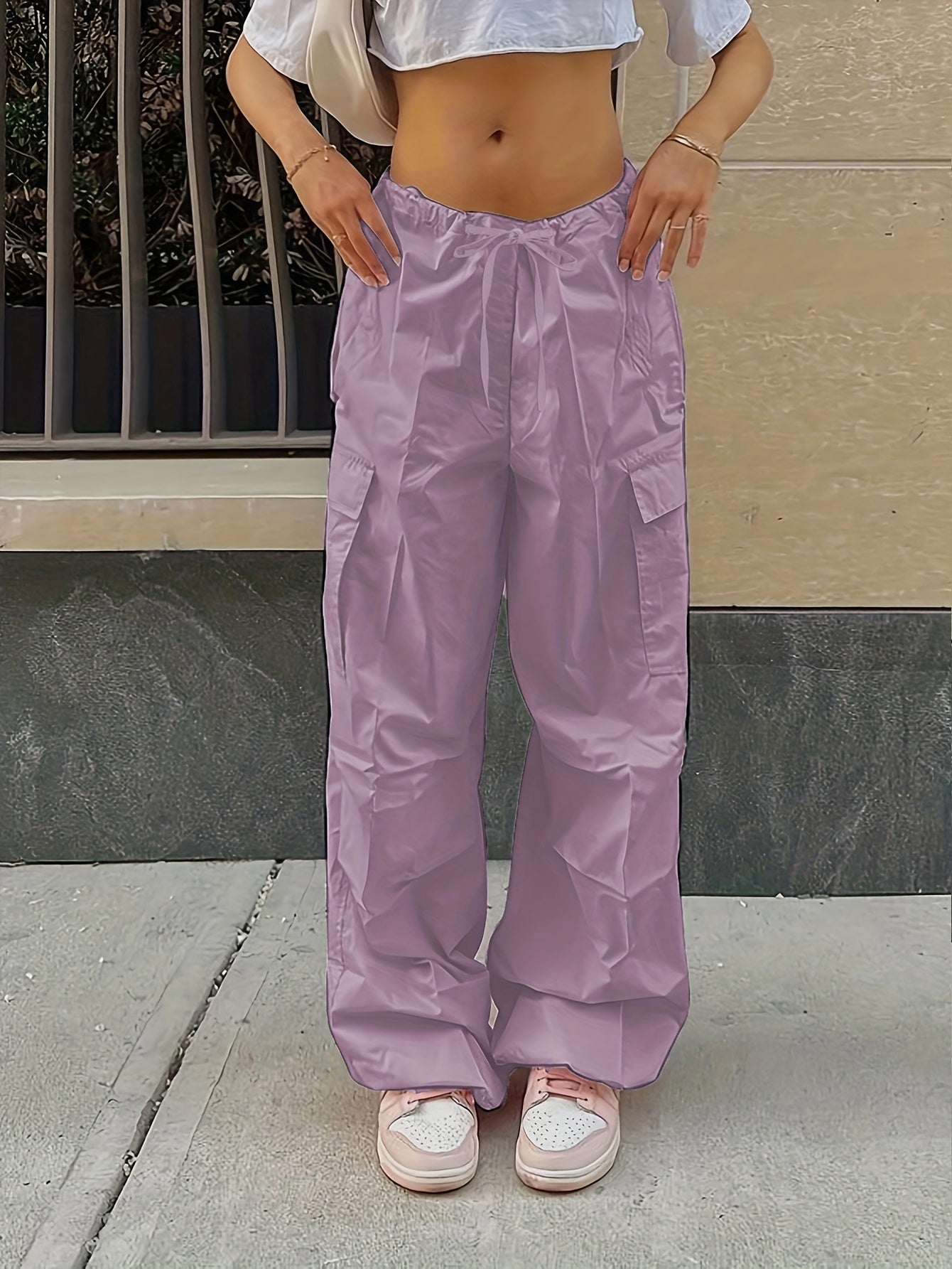 Y2K Loose Drawstring Cargo Pants, Casual Pocket High Waist Solid Wide Leg Fashion Comfy Pants, Women's Clothing