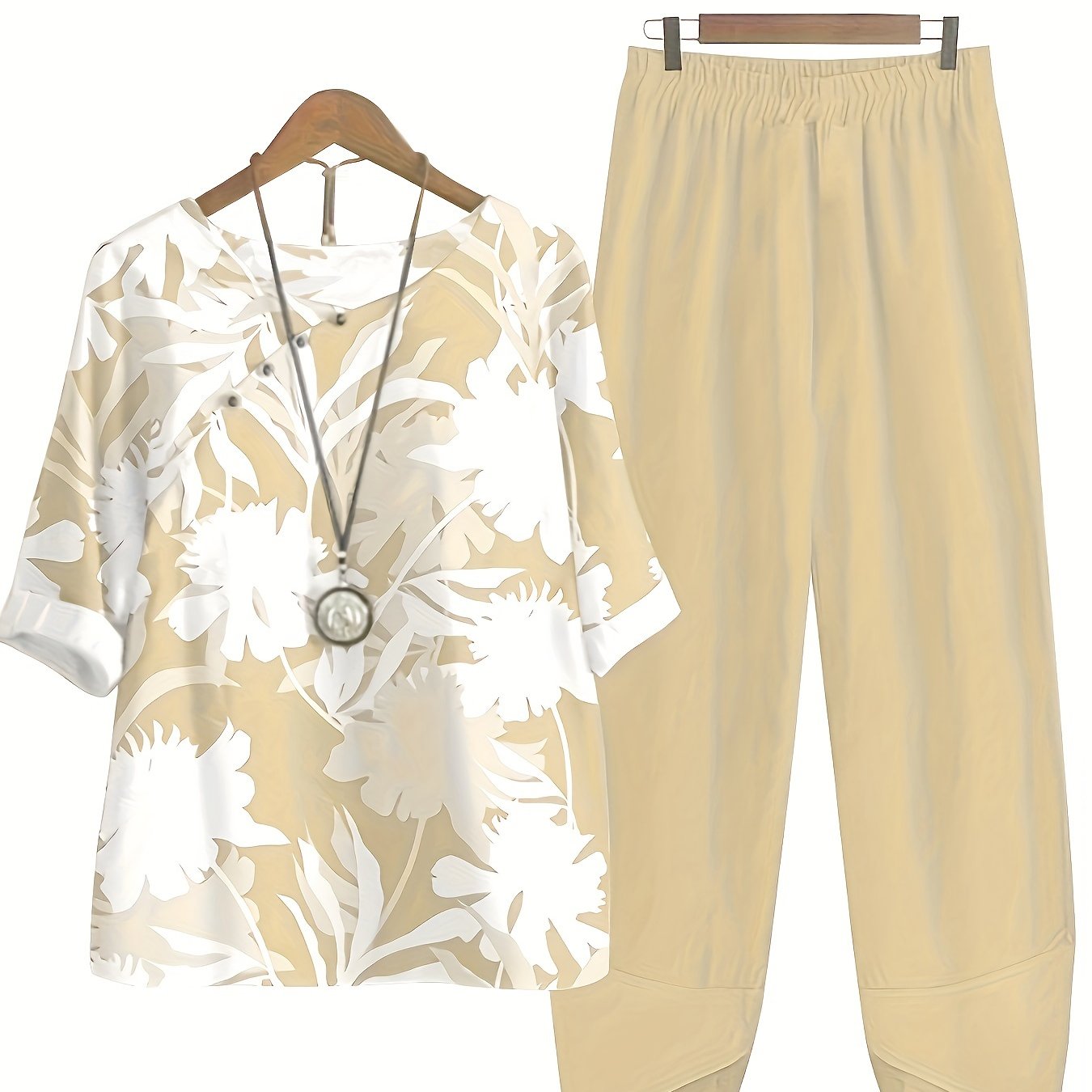 two-piece Women's Plant Print Top and Elastic Waist Pants Outfit - Comfortable and Stylish
