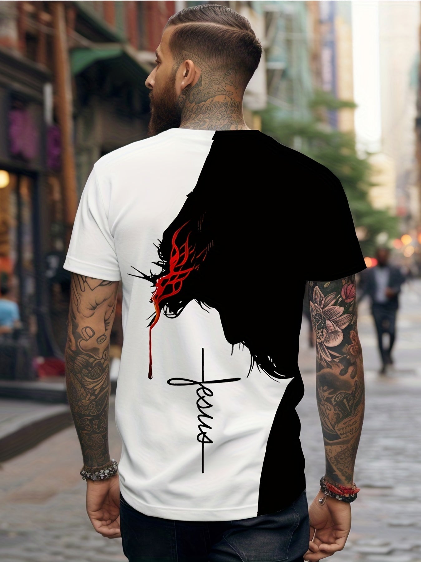 Jesus Print, Men's Graphic Design Crew Neck Novel T-shirt, Casual Comfy Tees Tshirts For Summer, Men's Clothing Tops For Daily Vacation Resorts