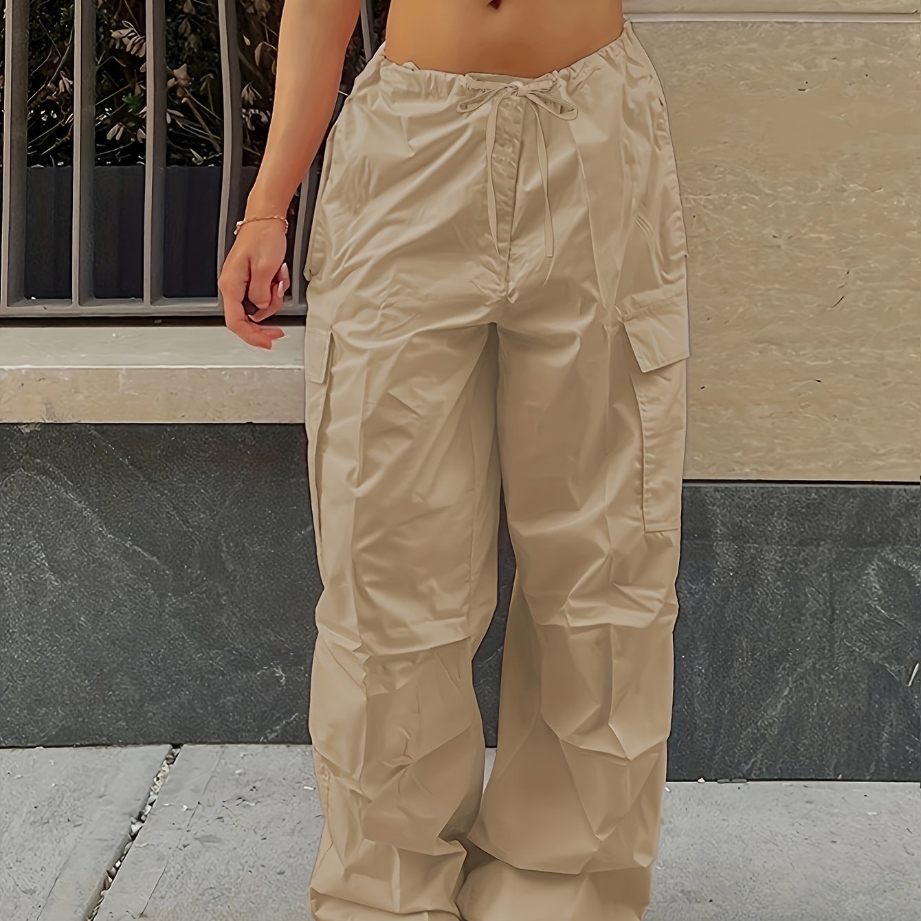 Y2K Loose Drawstring Cargo Pants, Casual Pocket High Waist Solid Wide Leg Fashion Comfy Pants, Women's Clothing