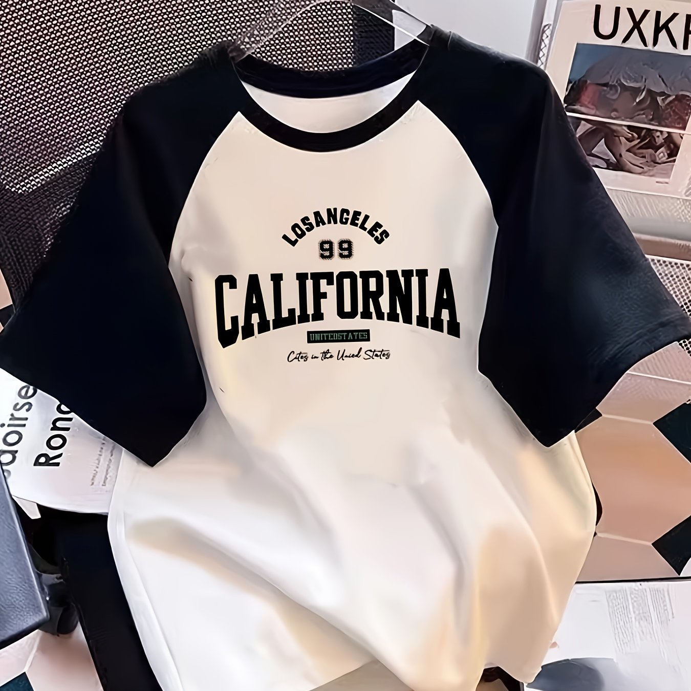 Girls' Summer Short Sleeve T-Shirt - Black & White Contrast Raglan Sleeves with Los Angeles California Graphic Print, Loose Fit Casual Top for Teens & Youngsters, Breathable Knit Fabric, Machine Washable, Girls Tshirts, Teen