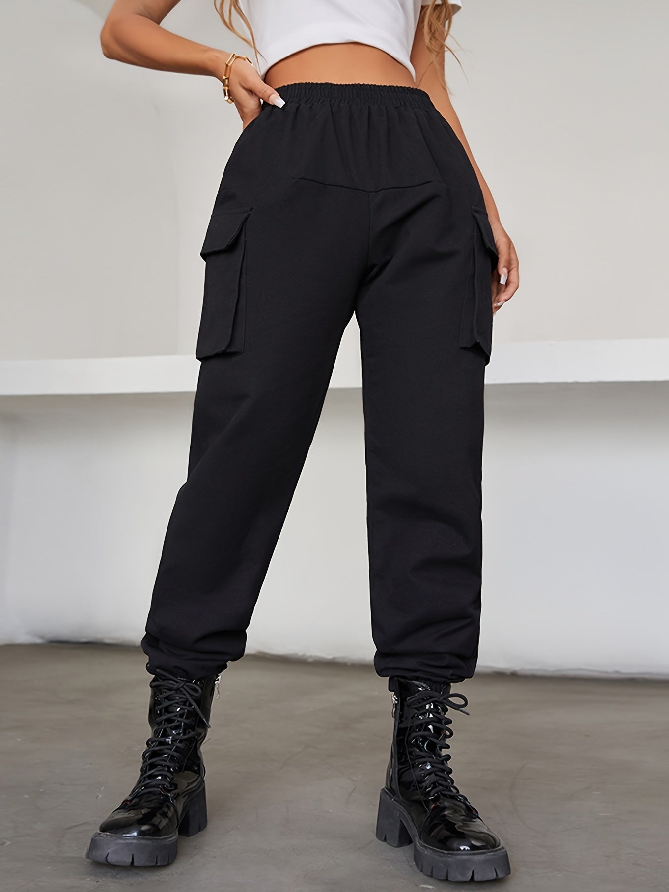 Y2K Jogger Cargo Pants, Streetwear Gothic Casual Baggy Pants For Spring & Fall, Women's Clothing