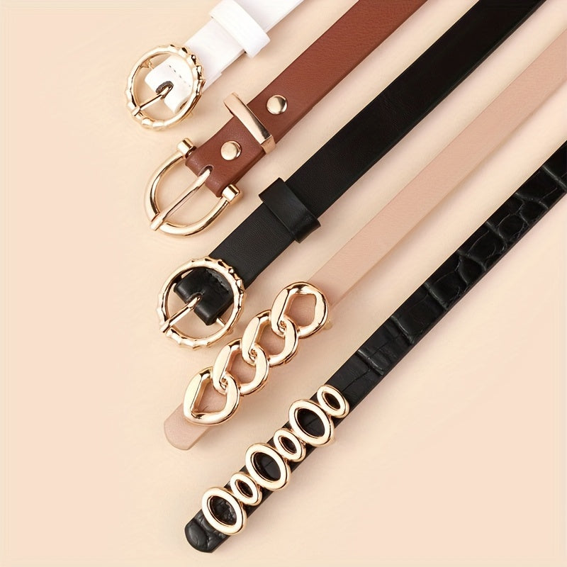 5pcs PU Leather Belts For Women Skinny Waist Belts With Metal Buckle Solid Color Simple Pin Buckle Thin Belt For Pants Jeans Dresses