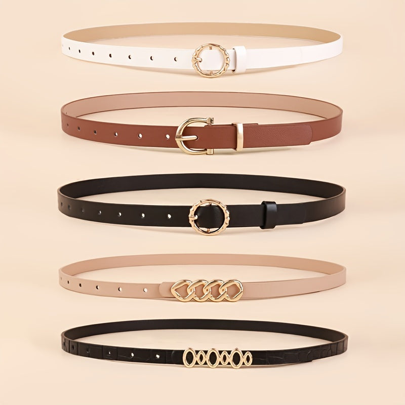 5pcs PU Leather Belts For Women Skinny Waist Belts With Metal Buckle Solid Color Simple Pin Buckle Thin Belt For Pants Jeans Dresses