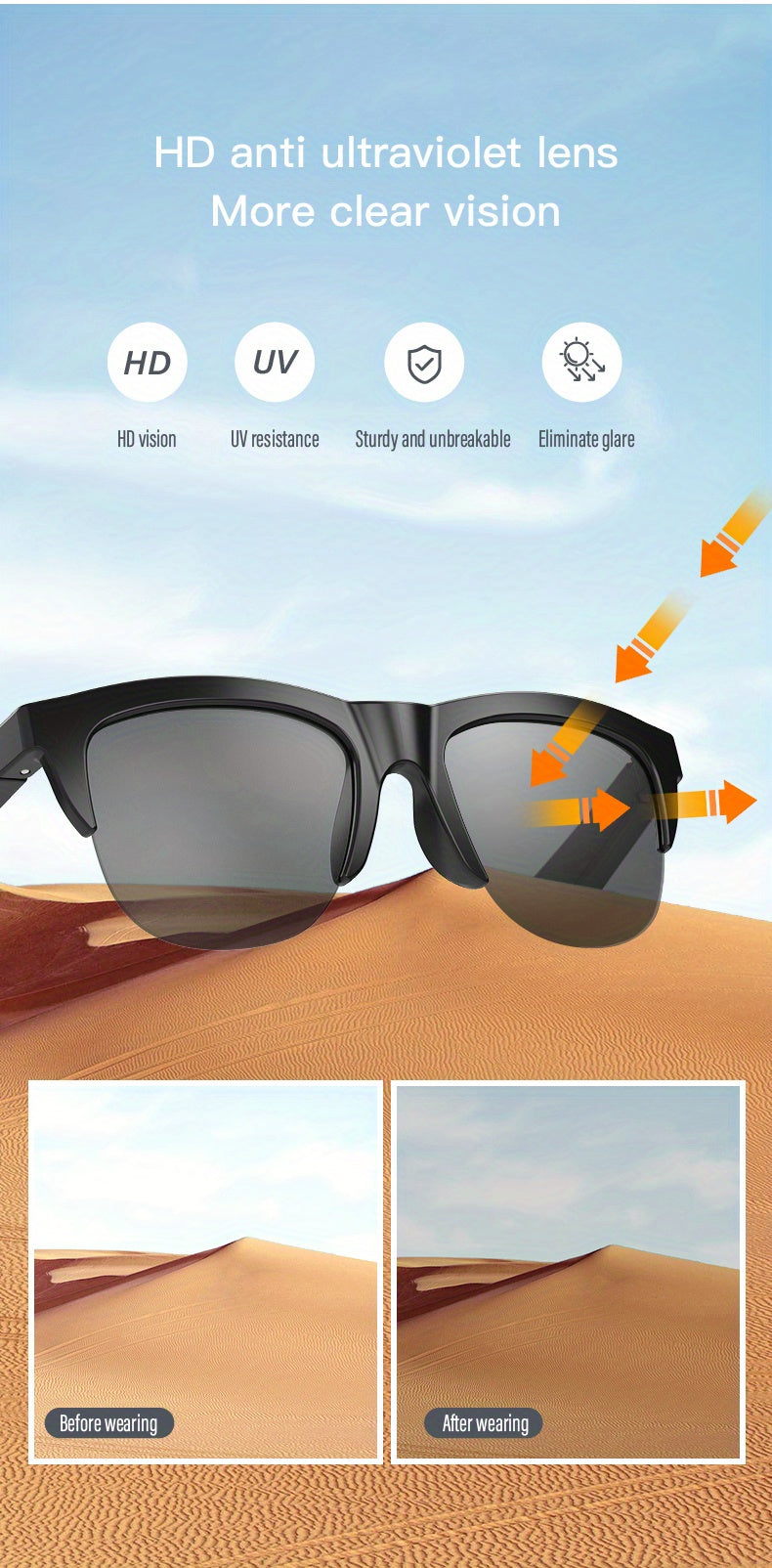 Wireless Smart Sunglasses with Dual Stereo Speakers and HD Mic for Outdoor Sports and Driving
