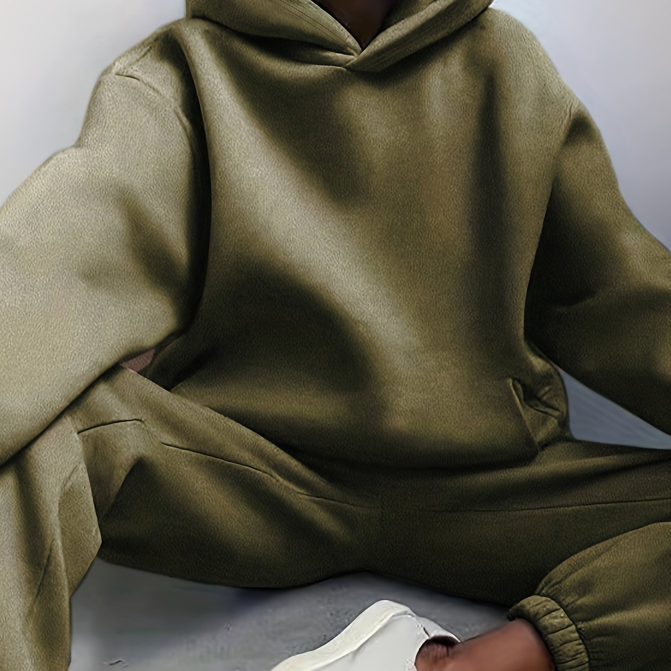 Two-Piece Hooded Set - Soft Polyester Knit Fabric, Drop Shoulder Long Sleeve Hoodie with Pocket, Elastic Waist Jogger Pants for Women, Casual Solid Color Outfit for Fall and Winter Seasons