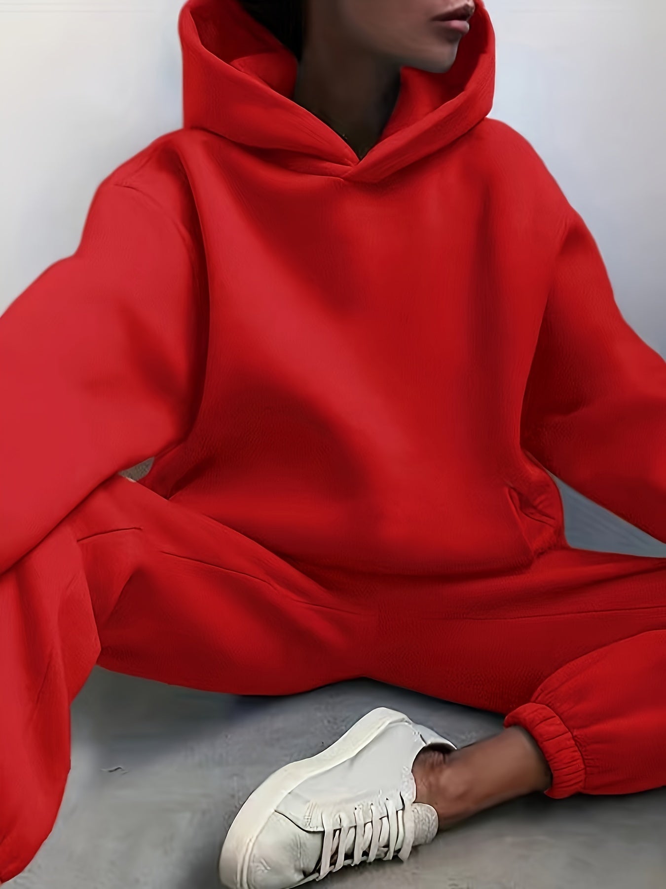 Two-Piece Hooded Set - Soft Polyester Knit Fabric, Drop Shoulder Long Sleeve Hoodie with Pocket, Elastic Waist Jogger Pants for Women, Casual Solid Color Outfit for Fall and Winter Seasons