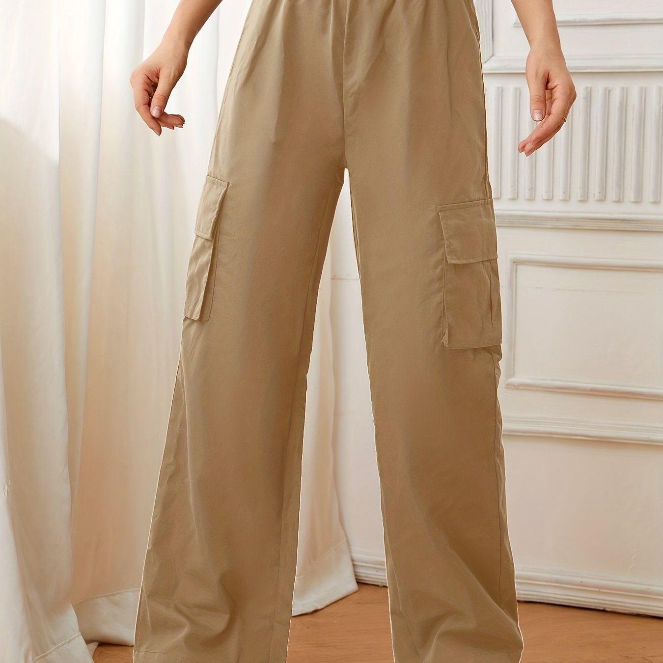 Flap Pockets Straight Leg Cargo Pants, Casual High Waist Pants, Women's Clothing
