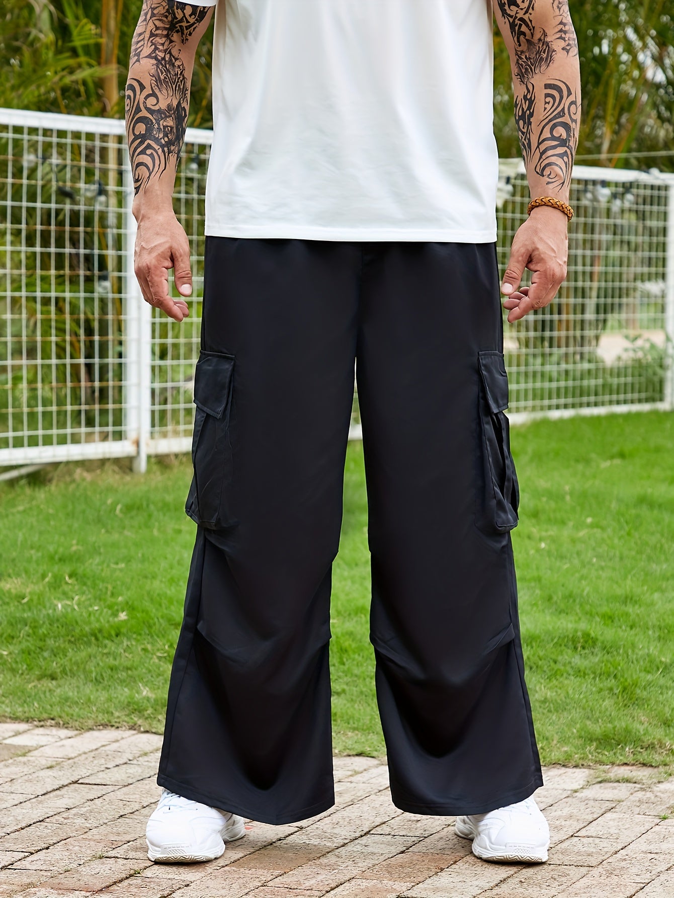 Plus Size Men's Flap Pocket Side Drawstring Waist Trousers, Solid Fashionable Long Pants Harem Pants Design