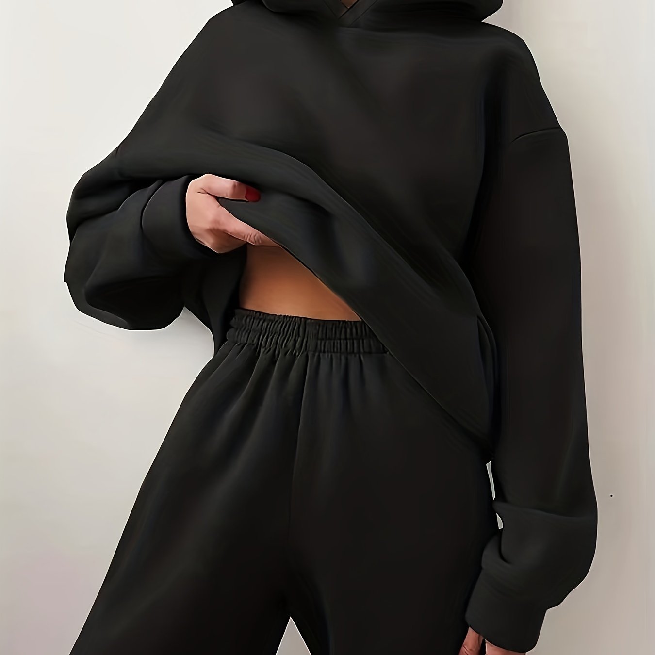 Casual Solid Two-piece Set, Kangaroo Pocket Hoodie & Elastic Waist Pants Outfits, Women's Clothing