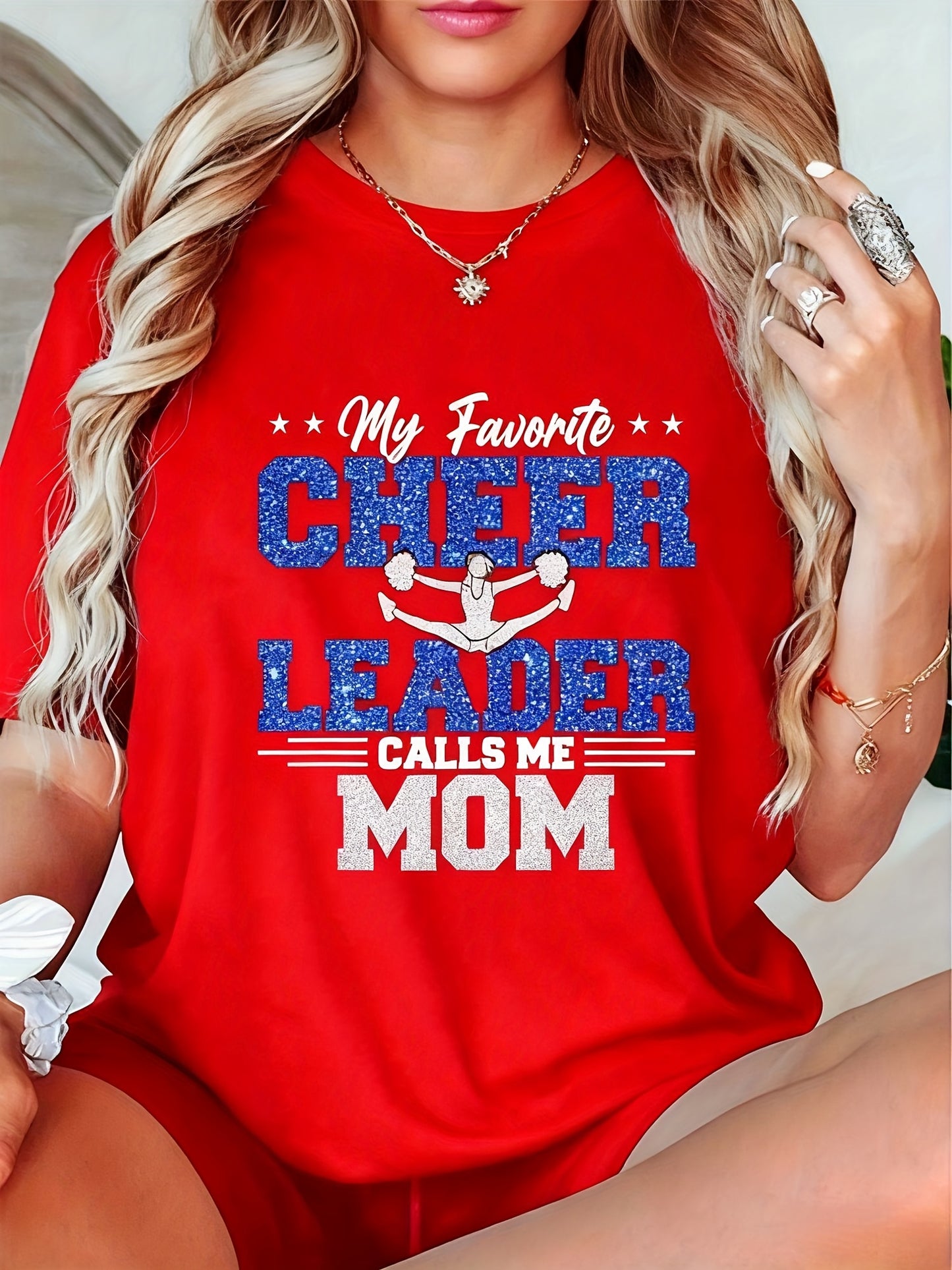 Women's Cheerleader Mom Slogan T-Shirt - "My Favorite LEADER Calls Me MOM" Short Sleeve Round Neck Top, Casual Brown Cheerleading Tee for Moms, Spring Summer Outfits, Dance Team Apparel & Gift Idea, Womens Tops And Blouses, T