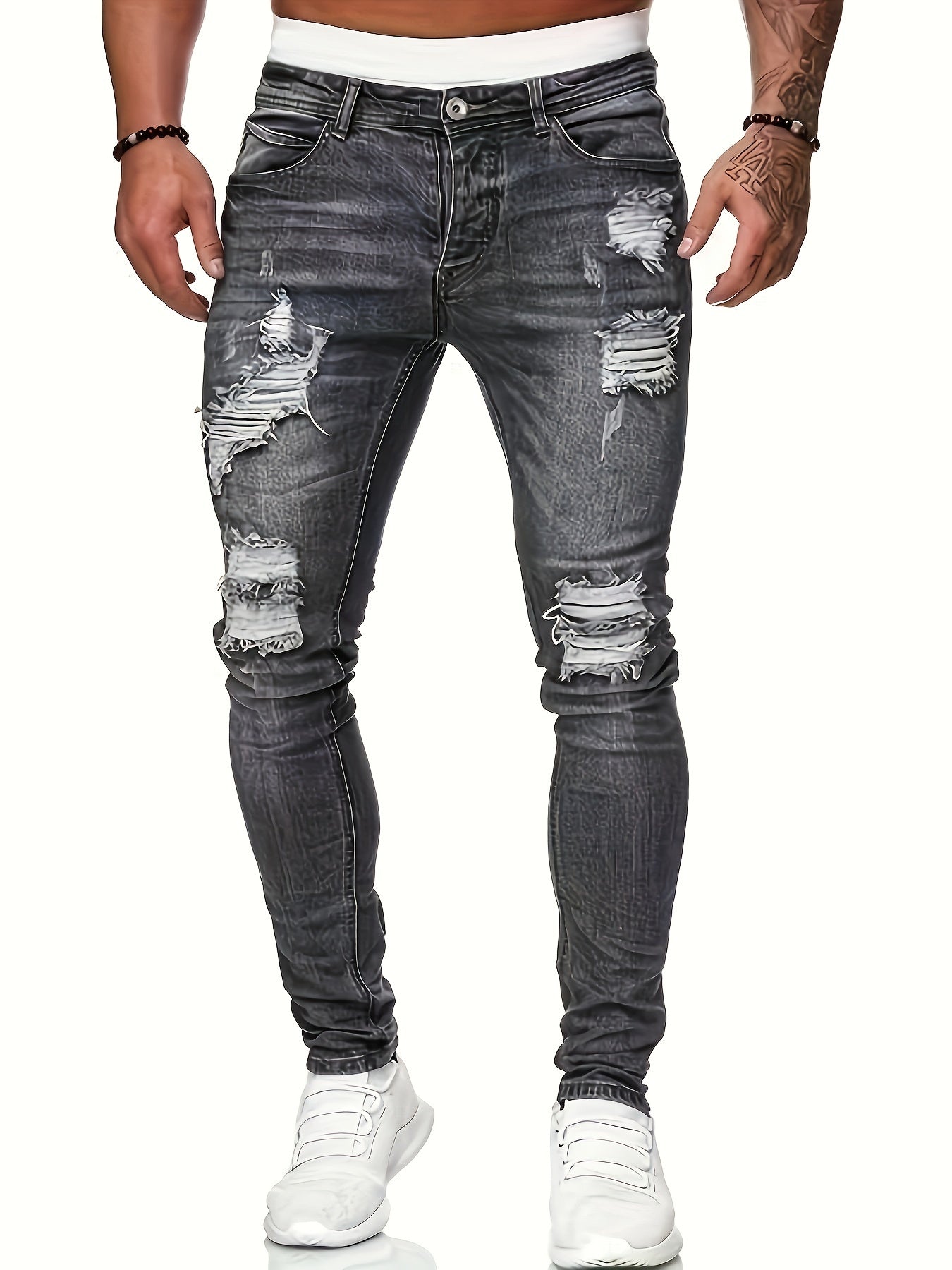 Mid Stretch Slim Fit Ripped Cotton Jeans, Men's Casual Street Style Distressed Denim Pants For Spring Summer