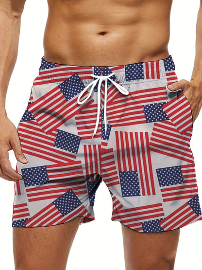 Men's Plus Size "American Flag" Graphic Shorts Beach Pants Holiday Shorts, Elastic Drawstring Sports Short Pants