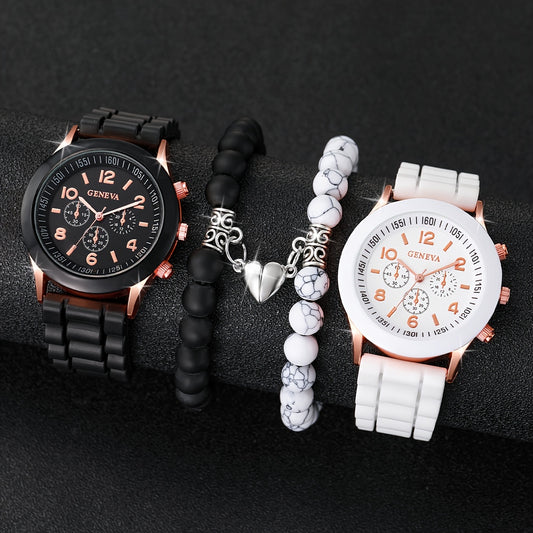 4pcs/set Casual Fashion Couples Quartz Watch Analog Silicone Wrist Watch & Heart Matching Bracelets, Valentines Gift For Him Her