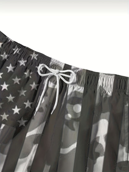 Men's Plus Size "American Flag" Graphic Shorts Beach Pants Holiday Shorts, Elastic Drawstring Sports Short Pants