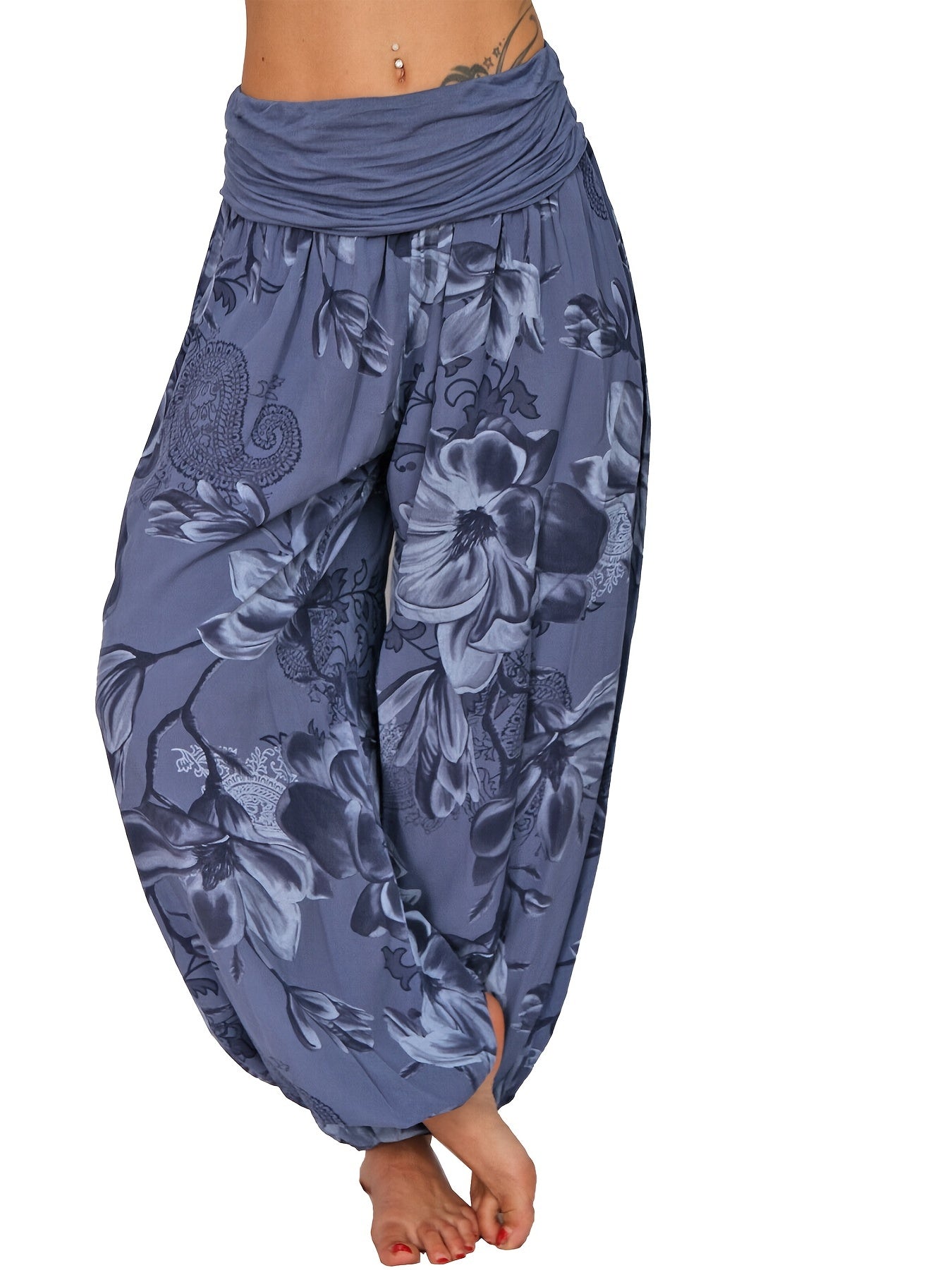 Boho Floral Print Ruched Harem Pants, Casual Bohemian Pants For Spring & Summer, Women's Clothing