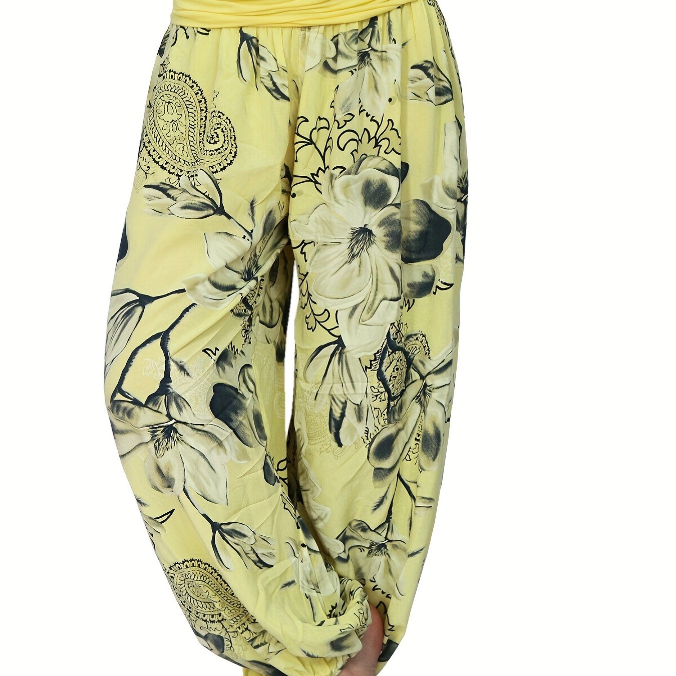 Boho Floral Print Ruched Harem Pants, Casual Bohemian Pants For Spring & Summer, Women's Clothing