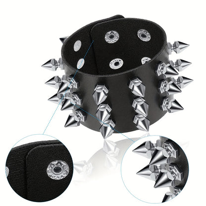 6pcs Punk Gothic Faux Leather Bracelets with Studded Spikes & Rivet Buckles - Adjustable Black Wristbands for Men, 80s Rock Style Party Accessories