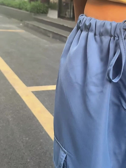 Y2K Loose Drawstring Cargo Pants, Casual Pocket High Waist Solid Wide Leg Fashion Comfy Pants, Women's Clothing