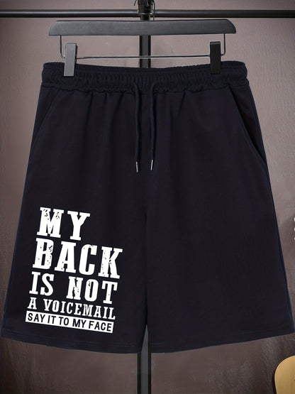 Men's Plus Size Drawstring Shorts - "MY BACK IS NOT A VOICEMAIL" Print, Oversized Black Sports Pants for Big and Tall, Elastic Waistband, Polyester, Casual Style for Spring/Summer, PLUS SIZE