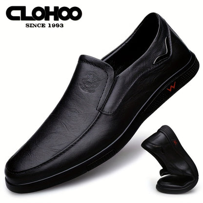 CLOHOO Men's Slip-On Casual Shoes - Genuine Leather Upper, Rubber Sole with PU Cushioned Insole, All-Season Comfort for Business & Vacation, Brown/Black, Casual Footwear | Classic Slipon | Rubber Sole Footwear